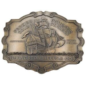 Pirate Ship Brass Belt Buckle Livingston Wells Co Foreign Domestic Gold Dealer